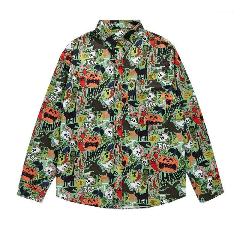 

Men' Casual Shirts Mens 2022 Hip Hop Holiday Shirt Tops Halloween Pumpkin Ghost Print Long Sleeve Jackets Coat Streetwear, Green