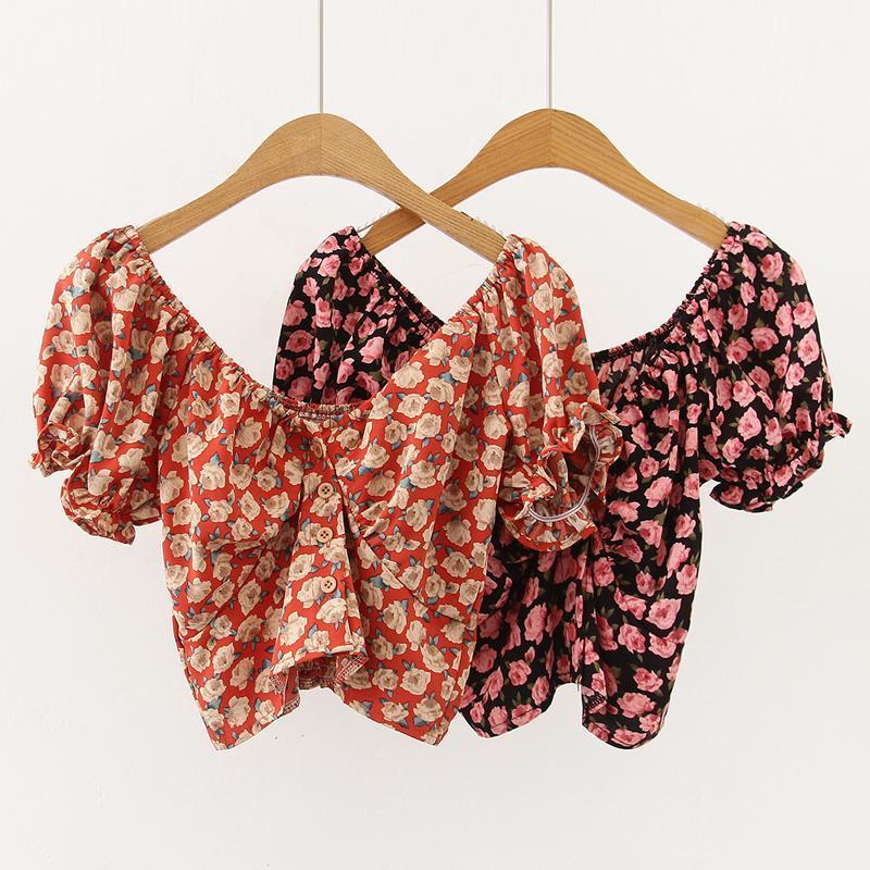 

Lucyever Chiffon Women Blouse Sexy Off Shoulder Summer Print Floral Corp Top Casual Elastic Short Sleeve Ruffle Ladies Shirts Women's, Black