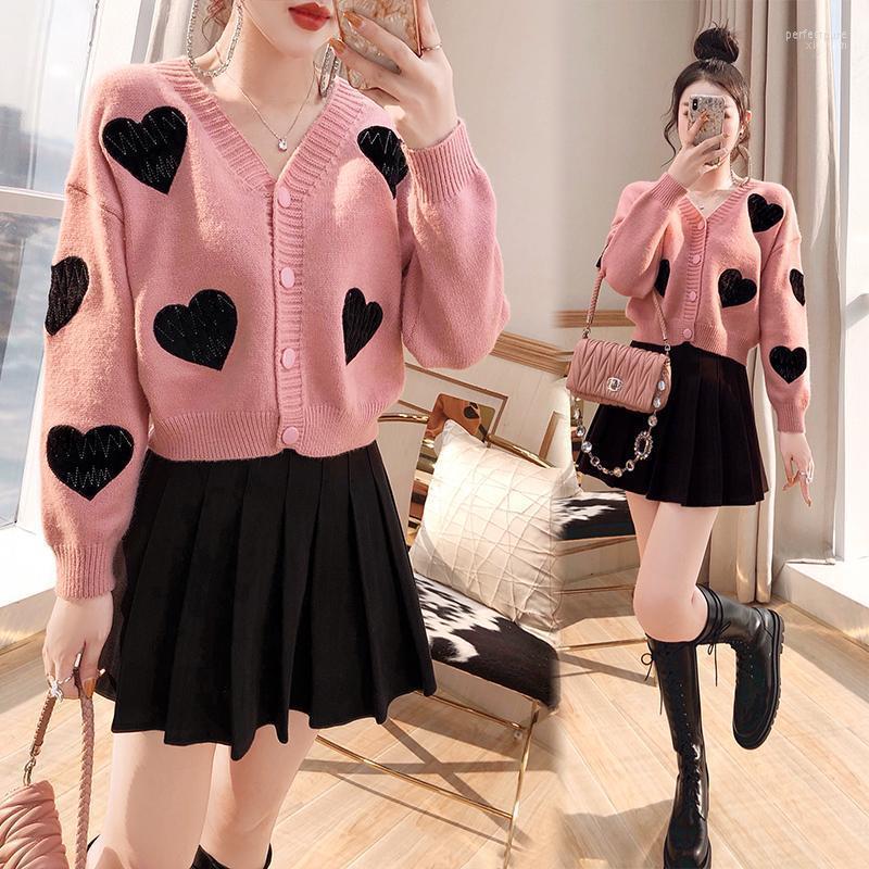

Women's Knits & Tees Sweet Style Heart-shaped V-neck Cropped Cardigan Loose Long Sleeve Pink Knitted Sweater For Women Korean Fashion Clothi