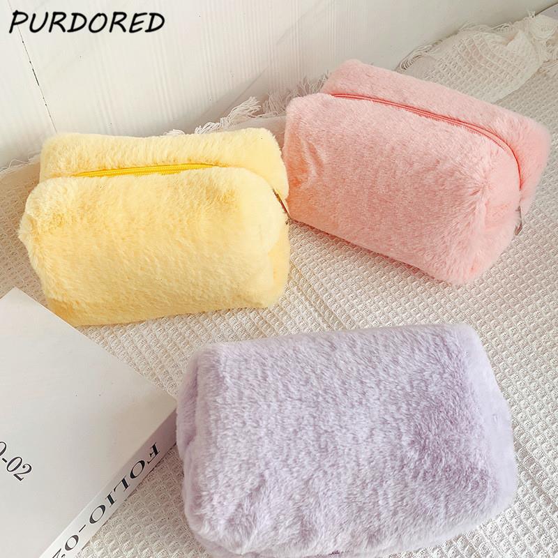 

1 Pc Solid Color Fur Makeup Bag For Women Soft Travel Cosmetic Organizer Case Young Lady Make Up Necessaries, Brown