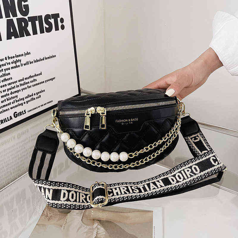 

Summer solid color women's waist pearl chain wide shoulder strap design leisure messenger women, White
