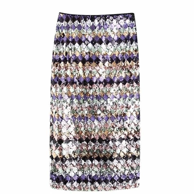 

Women fashion sequins color matching geometric pattern straight skirt faldas mujer ladies back zplit chic midi skirts QUN533 Y200326, As pic qun533bb