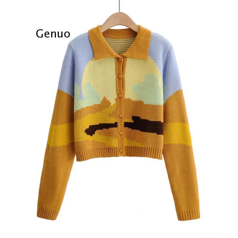 

Women's Knits & Tees Women Cardigans 2022 Autumn Painting Print Long Sleeve Knitted Jacket Coat Femme Winter Thick Casual Yellow Sweaters, White