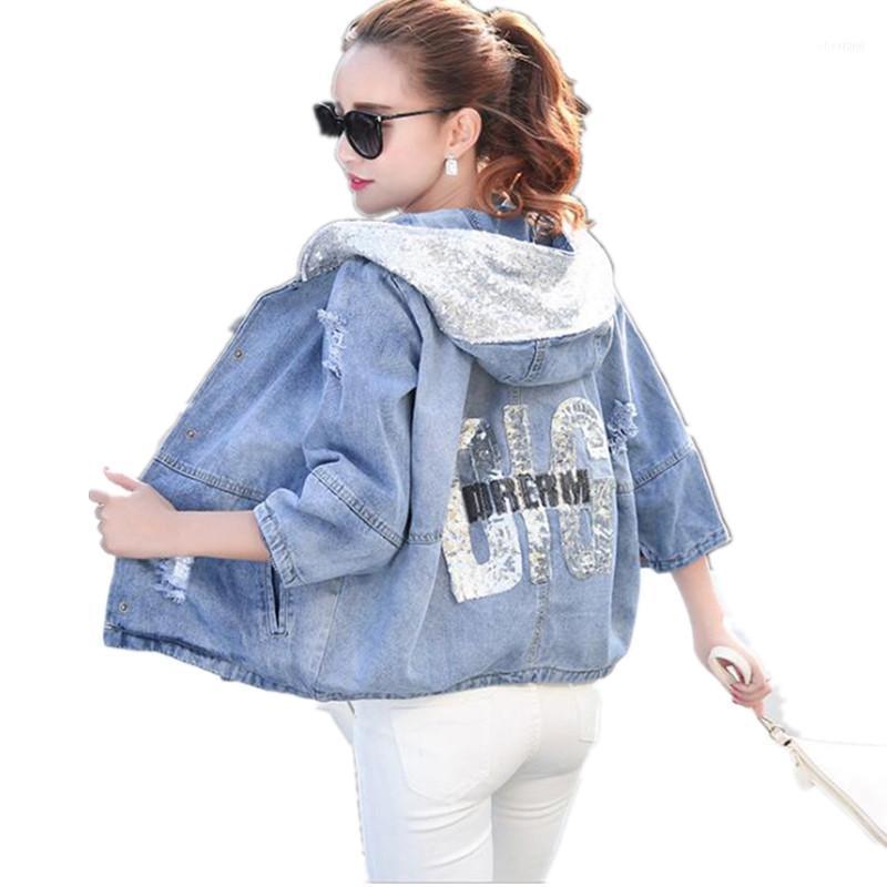 

Women' Jackets Spring Autumn Oversized Jeans Jacket Women Loose Sequin Hooded Basic Coat Female Ripped Boyfriend Summer Denim Jacketk2401, Light blue