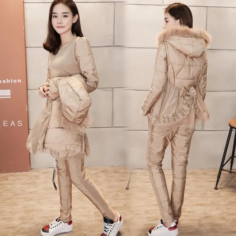 

Women's Two Piece Pants Winter Womens Clothing Suit Cotton Jacket Korean Fashion Casual Short Hooded Fur Collar Three-piece Set WomenWomen's, Pink