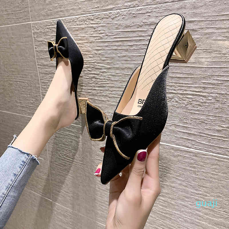 

Sandals designer Bow bow pointed half drag female summer Korean style fashion temperament sweet thick heel one word Baotou Sandal, Blue