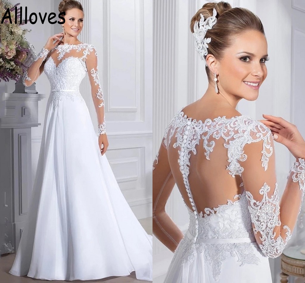 

White Modest Satin Brazil Wedding Gowns With Illusion Long Sleeves Lace Appliqued Sheer Neck Bridal Dress Buttons Back Sweep Train A Line Vestidos De Novia CL0609