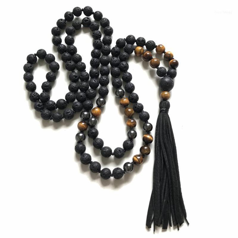 Mala Perles Noué En Cuir Gland Collier Homme 8mm Pierre De Lave Oeil De Tigre Hématite Guérison Bijoux Pour Hommes Cadeau Chaînes