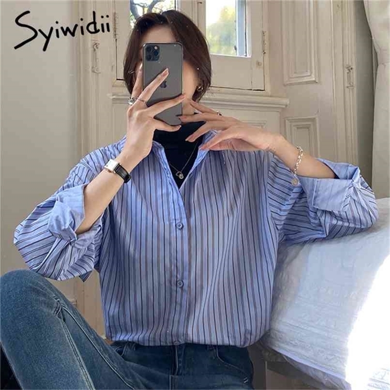

Women Shirts Blue Striped Korean Fashion Spring Summer Long Sleeve Ladies Tops Turn Down Collar Oversized Blouses 210607