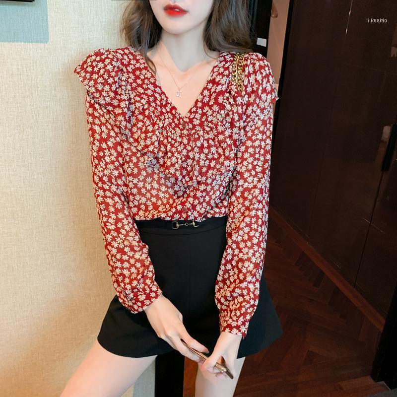 

Women' Blouses & Shirts Elegant 2022 Streetwear Chiffon Women Est Gentle Romance Tops Vintage Florals Loose Office Lady, Red