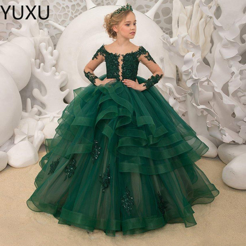 2122 Cute Flower Girl Dresses For Wedding off shoulder green Lace Floral Appliques Tiered Skirts Girls Pageant Dress Kids Birthday Party Gowns-image-760722990
