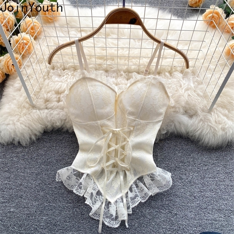 

Y2k Blouses Sexy Crop Tops Women Corset Lace Bandage T-shirt Camisole Woman Lace-up Sling Tank Top Fashion Sleeveless Waistcoat 220407, White
