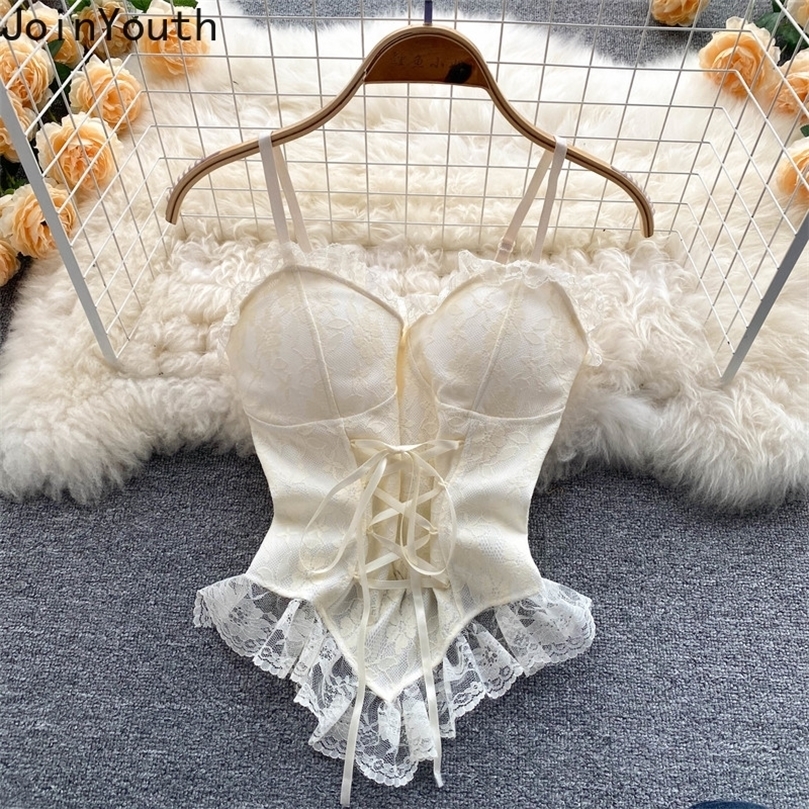 

Y2k Blouses Sexy Crop Tops Women Corset Lace Bandage T-shirt Camisole Woman Lace-up Sling Tank Top Fashion Sleeveless Waistcoat 220407, White