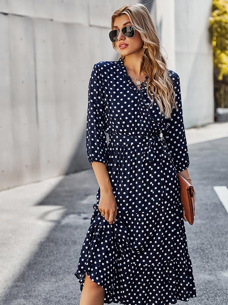 

Party Dresses 2022 Fashion Elegant Blue Ruffle Polka Dot Print Midi Women Dress Summer V Neck Bohemian Sundresses Slim Lovely Ladies Clothin, Picture color