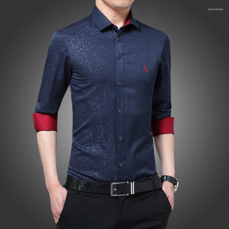 

Men's Dress Shirts Reserved Shirt Men's Casual Social Slim Printed Dark Texture Embroidered Brand Blouse DropshoppingMen's Quin22, Navy