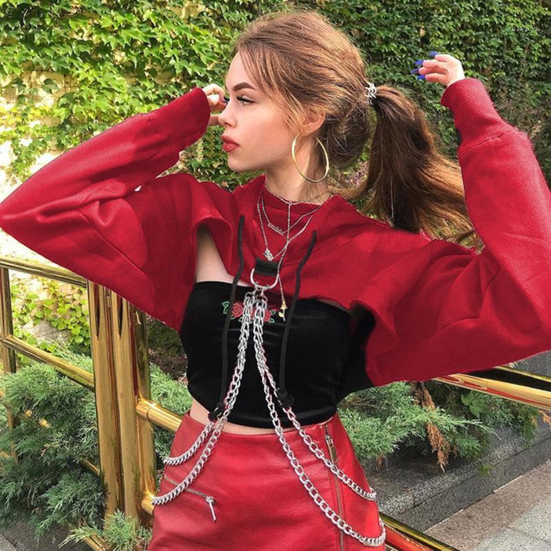 

Sexy Irregular Chain Hoodies Style Crop Hooded Tops Long Sleeve Women' Sweatshirts Fashion Streetwear Loose Knitted Pullove, Black