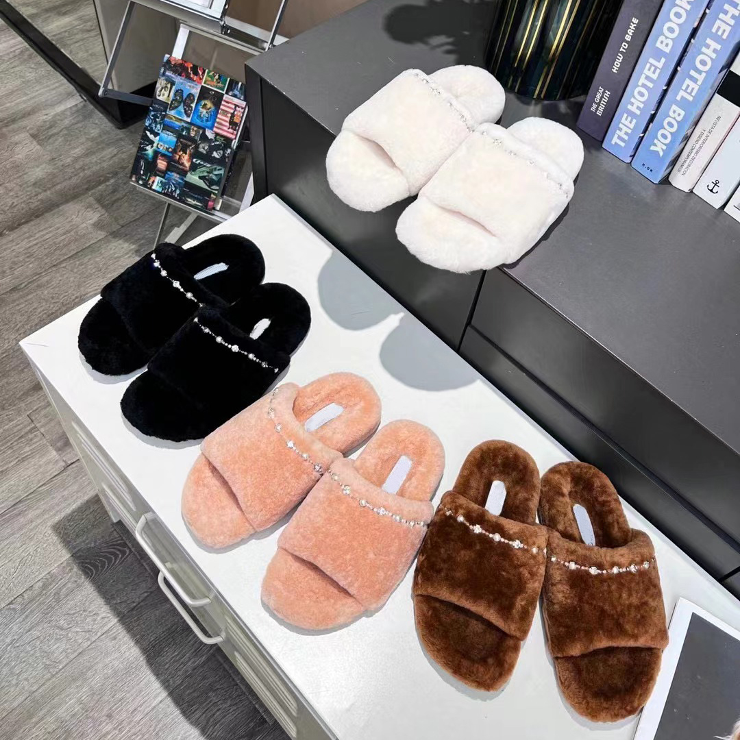 

Designer Fur Slippers Jimmy Wool Slides Pearl Rhinestone Fuzzy Sandals Furry Warm Slipper Winter Furry Sandal