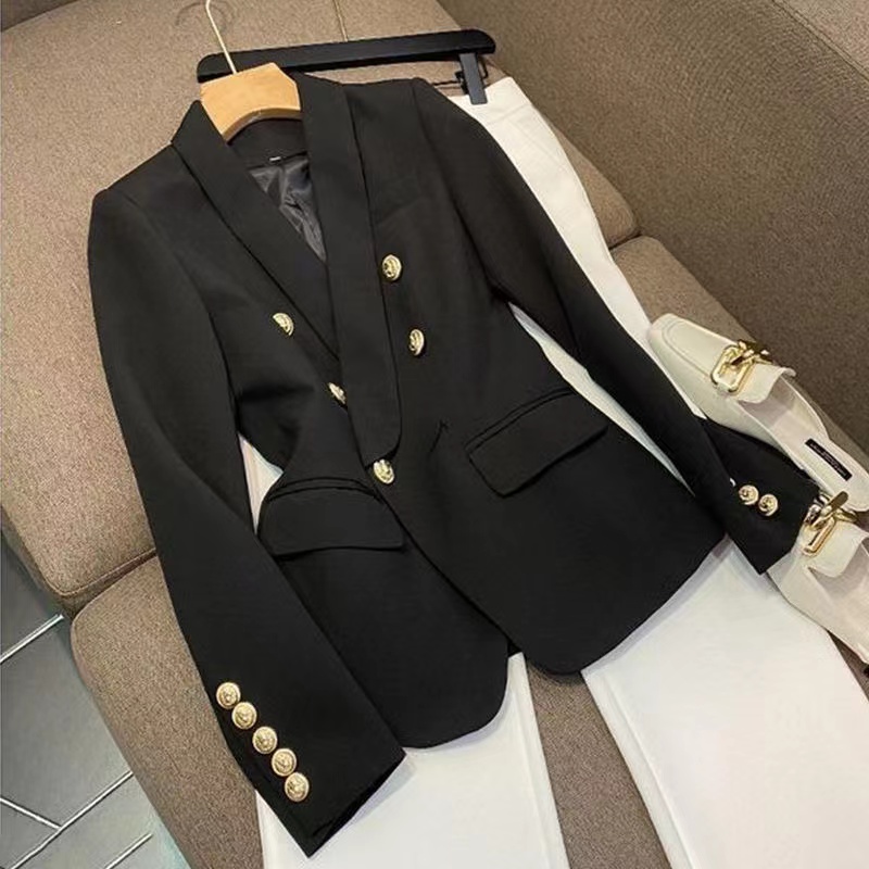 

B178 Womens Suits & Blazers Premium New Style Top Quality Original Design Double-Breasted Slim Jacket Metal Buckles Retro Shawl Collar Outwear Black White size chart