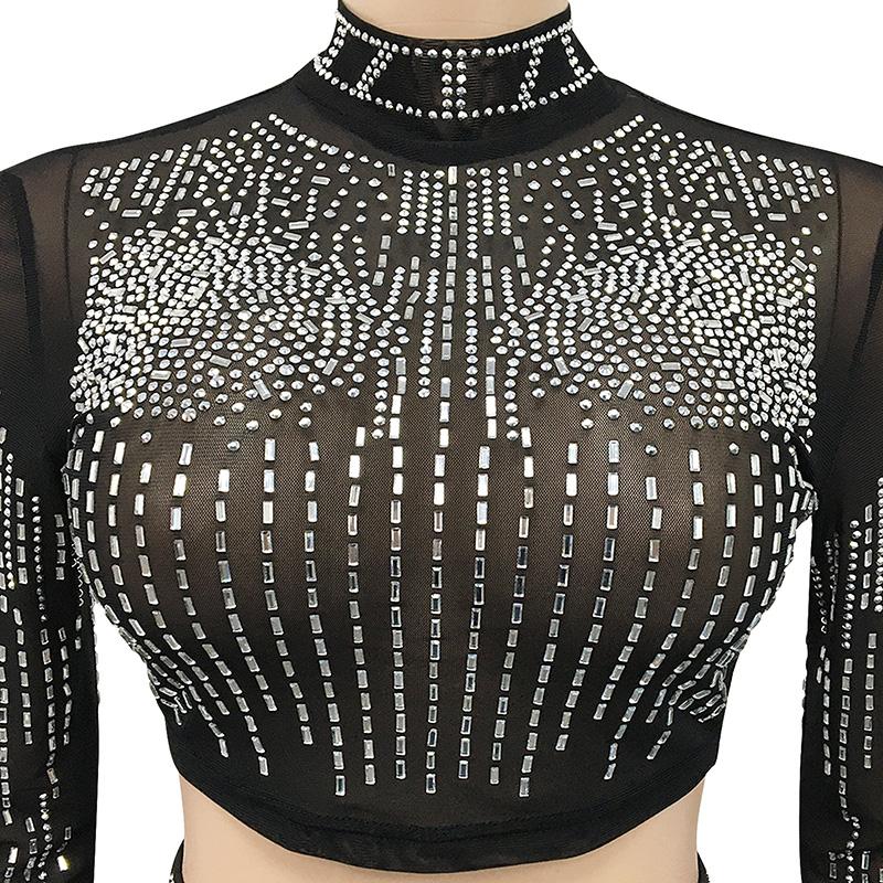 

Work Dresses Est Fashion Mesh Crystal Drilling See Through Skirt For Women Long Sleeve Tops Outfits Sexy & Club Spring Summer WearWork, Black