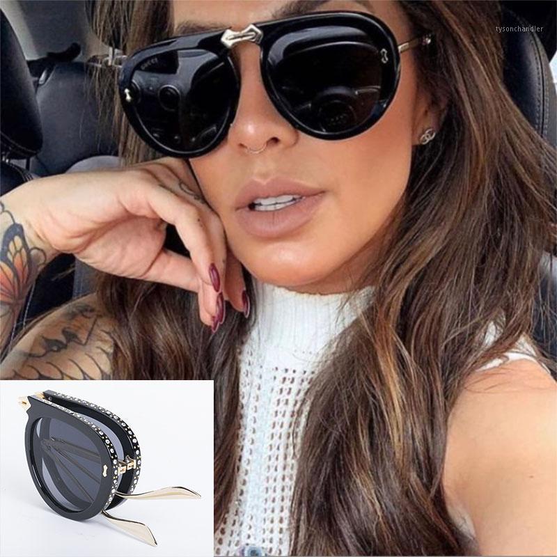 

Sunglasses Foldable Black Gold Crystal Stud Pilot Men Women Vintage Luxury Designer Oversized Shades Sun Glasses UV400