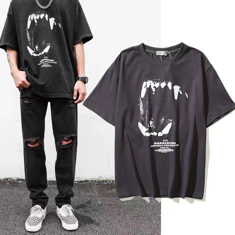 

Summer T-shirts Unisex Tee Loose Fit Streetwear Designer Tshirts Wash Old Retro Wolf Teeth Print High Street, Black