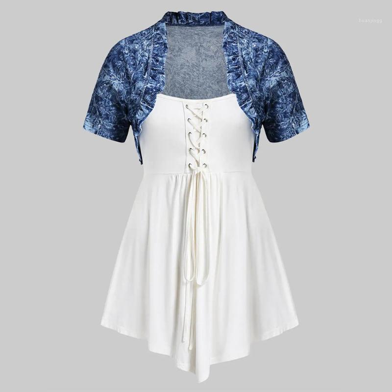 

Summer Clothes For Women Plus Size Cool Gothic Two-Piece Print Shawl Solid Cross Lace Up Tops Ensemble Femme 2 Pieces Jupe Women's Blouses &, Blue