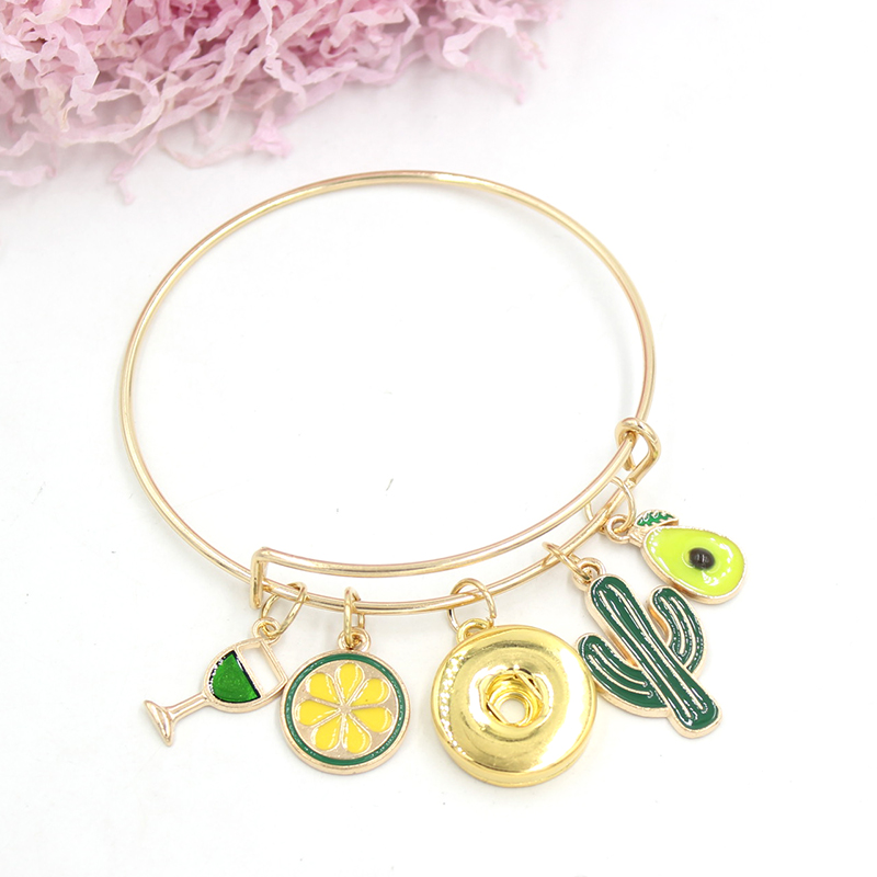 

Wholesale Gold Plated Women Bangle Green Enamel Avocado Cactus Bracelets Gifts Pulsera Interchangeable 18mm Snap Jewelry