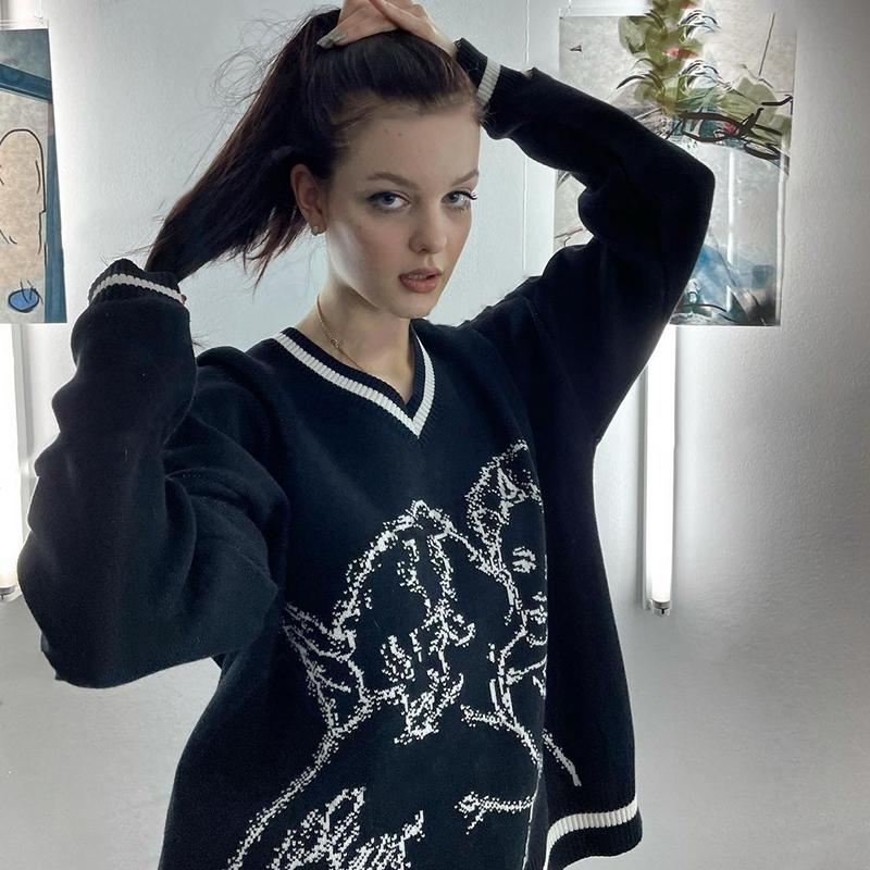 

Women' Hoodies & Sweatshirts Sweaters Women Streetwear Knitted Pullover Cupid Jacquard Fashion Hip Hop Spring Autumn Harajuku Oversized Loo, Hei