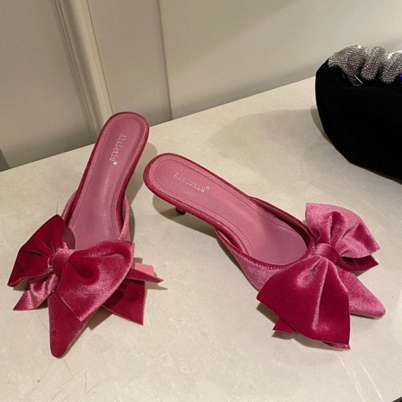 

Sandals Velvet Bow Slippers Women Pointed Toe Med-high Heels Flock Double Layer Bowknot Slides Sandalias Mujer Size 42, Black