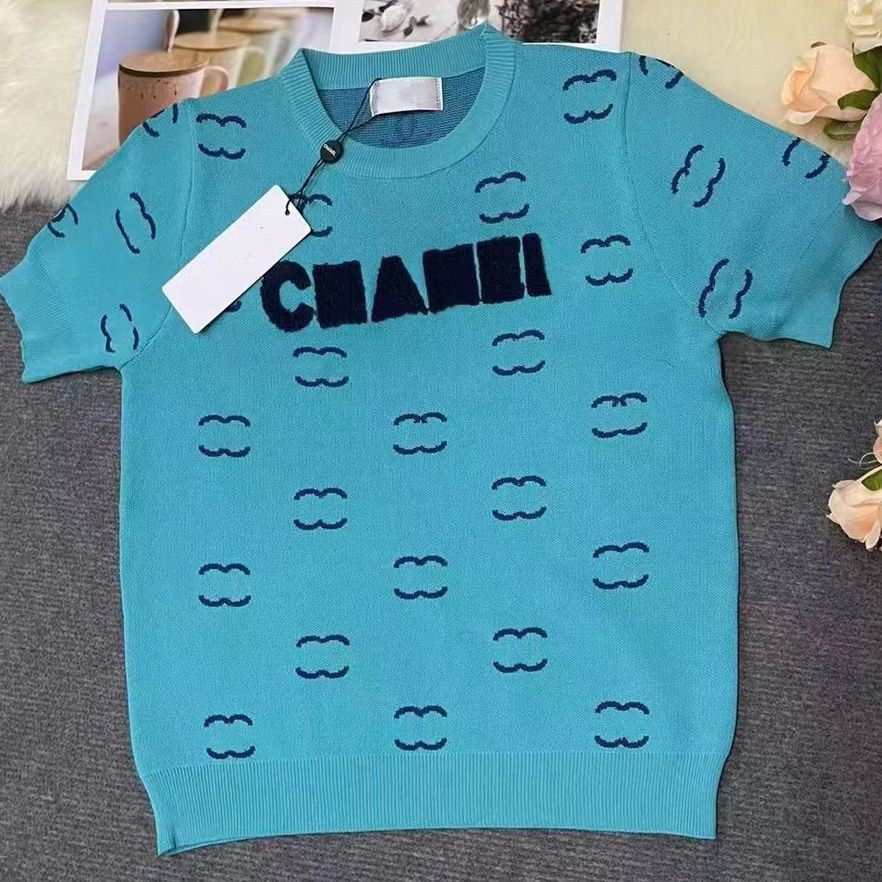 Top Girl Knits Clothes Womens T-Shirt Knit Women Clothing Classic With Letters Embroidery Short Sleeve Slim Knitted Size S-XL Green Blue Black