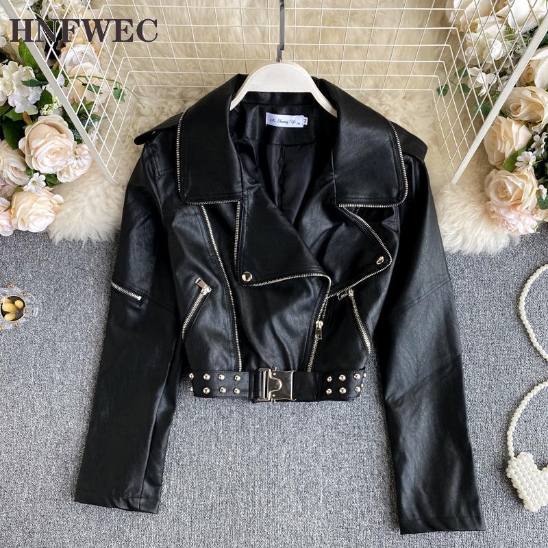

Autumn Winter Women Fashion Turn Down Collar Long Sleeve Mutil Button Zipper Short Black Leather Jacket V842