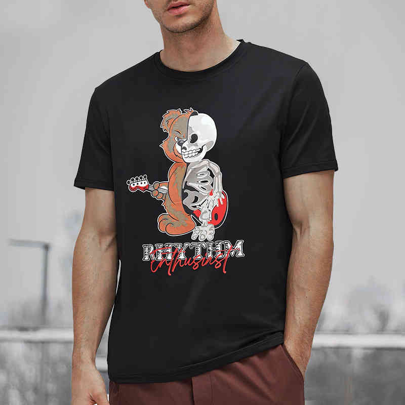 

2022 fashion spring and summer new print short sleeve men' T-shirt skull bear loose large top, Black