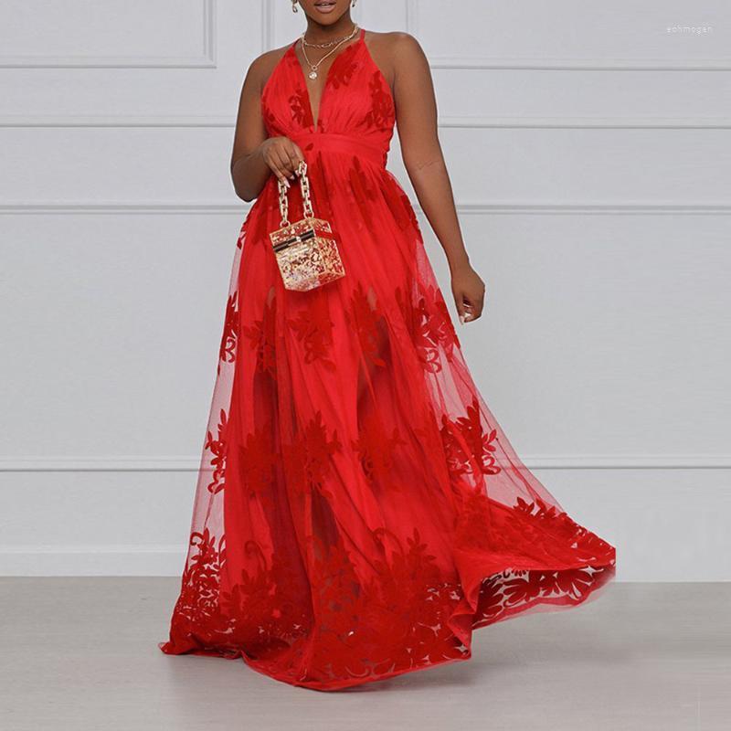 

Plus Size Dresses Summer Maxi Dress Women's V Neck Halter High Waist Swing Embroidered Backless Female Red Sexy Mesh Party Long Echm22