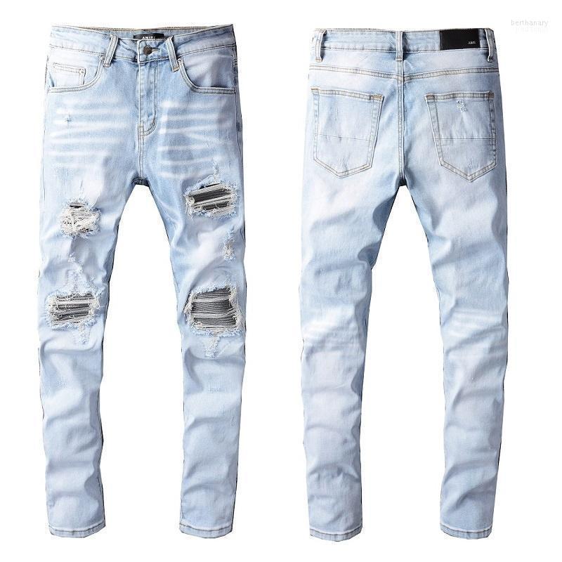 

Men's Jeans High Street Fashion Brand AMR Hole Patch Elastic Slim Fit Pleated Mens Skinny Solid Quality Denim Trousers Bert22, Sky blue