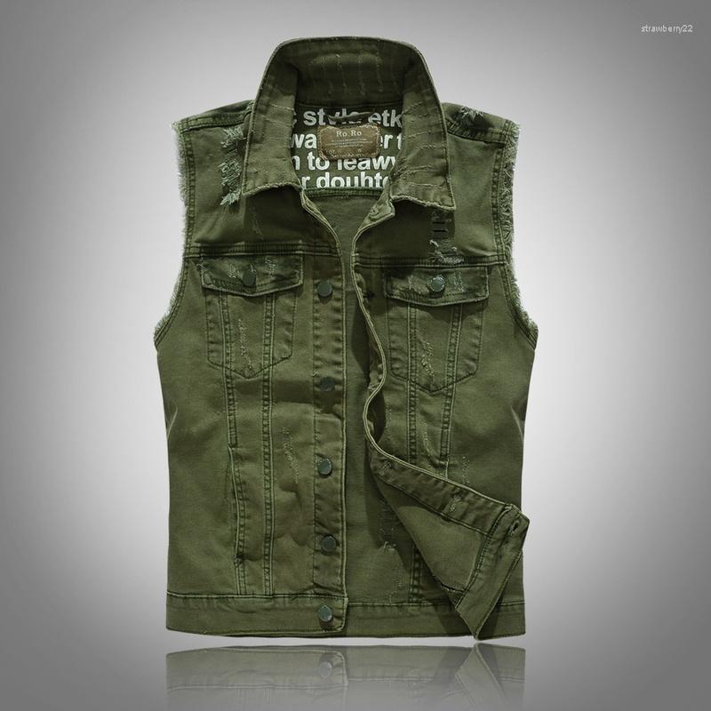 

Men's Vests 2022 Slim Fit Cowboy Male Jacket Vest Ripped Denim Sleeveless Casual Waistcoat Mens Jean Coat Green Stra22