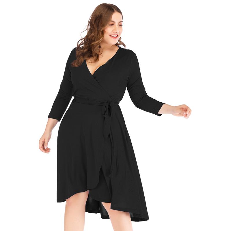 

Plus Size Dresses Women Clothing 2022 Spring Summer Elegant V-Neck Solid Color Long-Sleeved Hip DressesPlus, Black