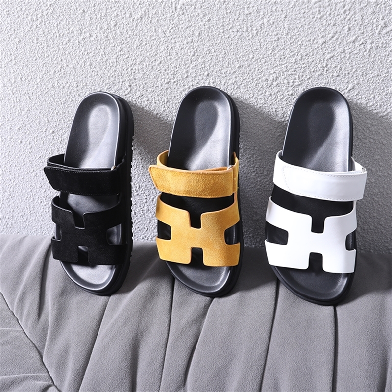

Designer Herme chypre Slippers Sandals Slides Special Yangjing leather first layer cow leather sheepskin lining Velcro open toe sandals la, Brown cattle hide