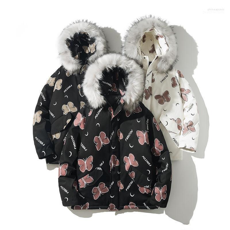 

Men's Down & Parkas 2022 Winter Korean Streetwear Hooded Parka White Fashion Man Clothing Big Sizes Warm 2 Colors Butterfly Printed Male Coa, Black