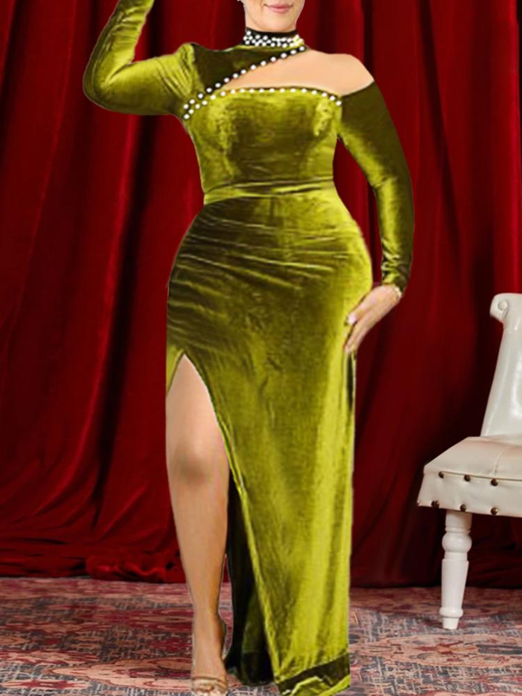 

Plus Size Dresses Green High Neck Long Sleeve Beads Bodycon Velvet Sexy Dress Women Party Night Club Winter Clothes ChristmasPlus