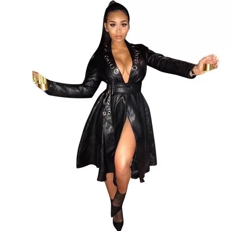 

Fall Long Sleeve Jackets V Neck High Waist Sexy Plus Size Clothing for Women 4xl  6xl Leather Jacket Wholesale Drop 201030, Black