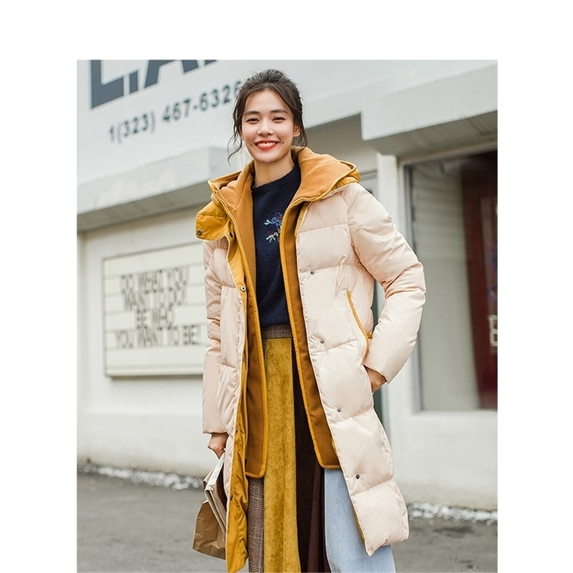 

INMAN Casual Style Hat Detachable Thickening Duck Down Jackets Hoodie Long Overcoat Winter Jacket Women 201208, Ivory