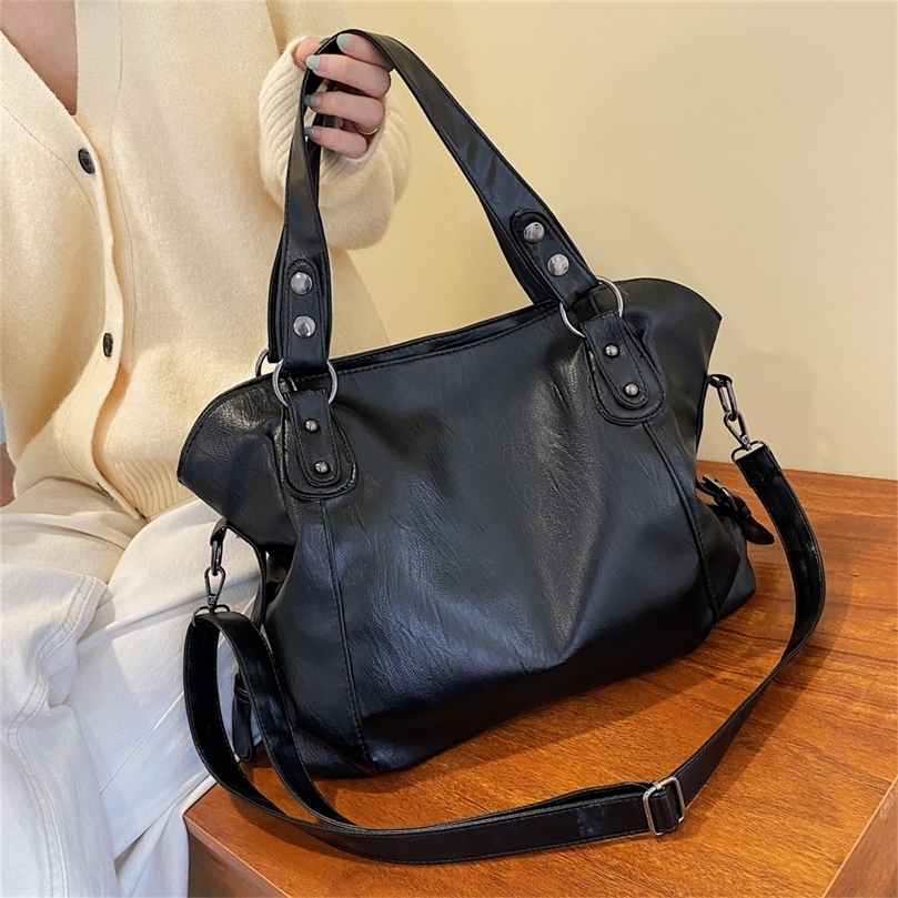 

Classy Soft Leather Large Women's Bags High Capacity Shoulder Fashion Female Big Shopper Tote Handbag 220322, Black