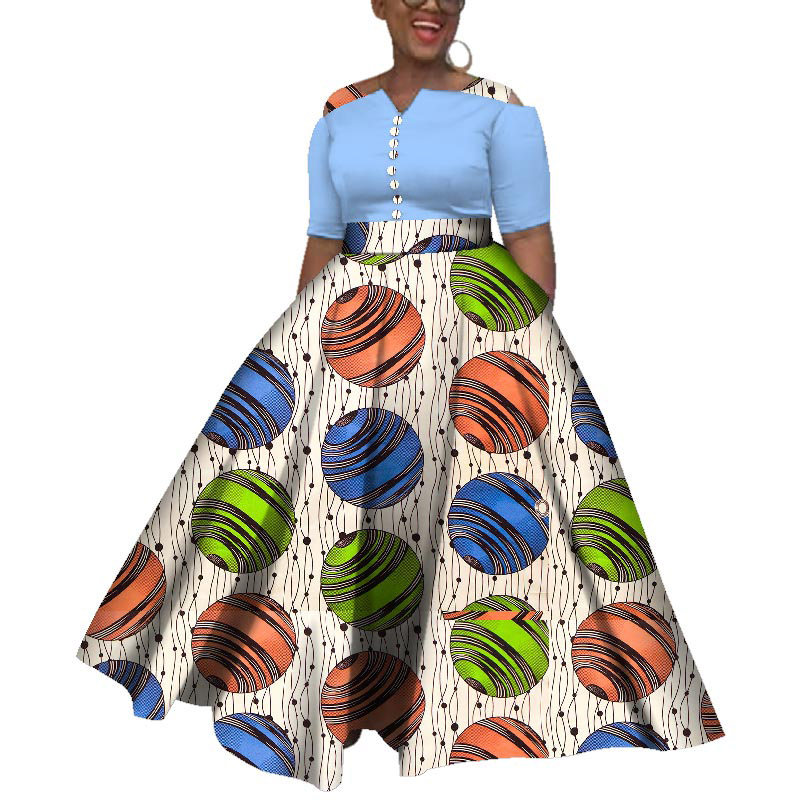 

Summer Africa Dress For Women A-line Floor-length Dresses Formal Ankara Fashion Dress African Cotton Print Wax Gown WY3835