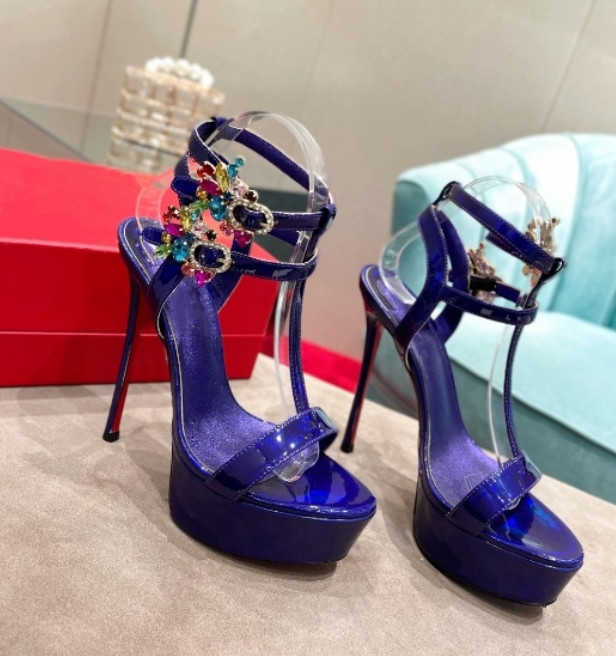 

Summer new fashionable diamonds paints sandals shiny comfortable stiletto all-match color waterproof platform ladies high-heeled slippers, Blue