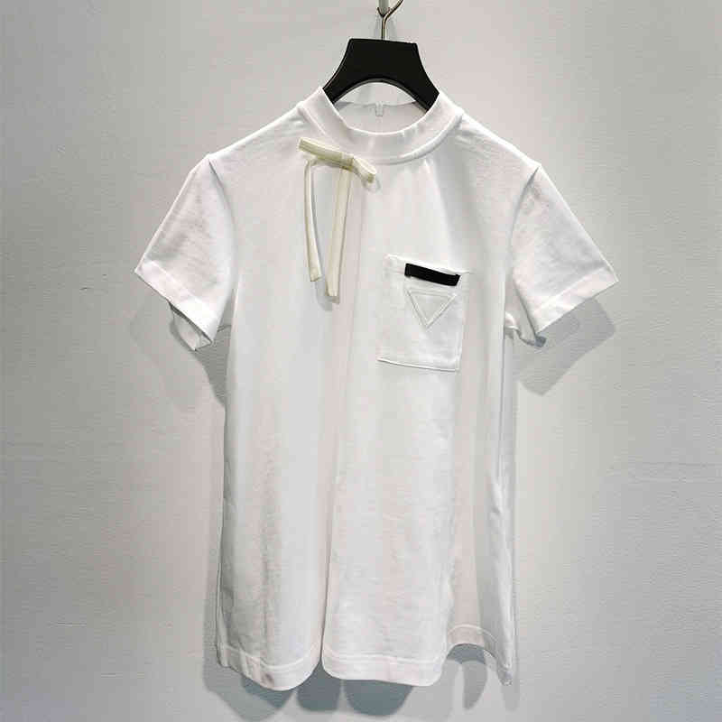 

High quality pra spring and summer pure cotton T-shirt 22 new bow pocket design thickened loose round neck short-sleeved T-shirt women' top, White