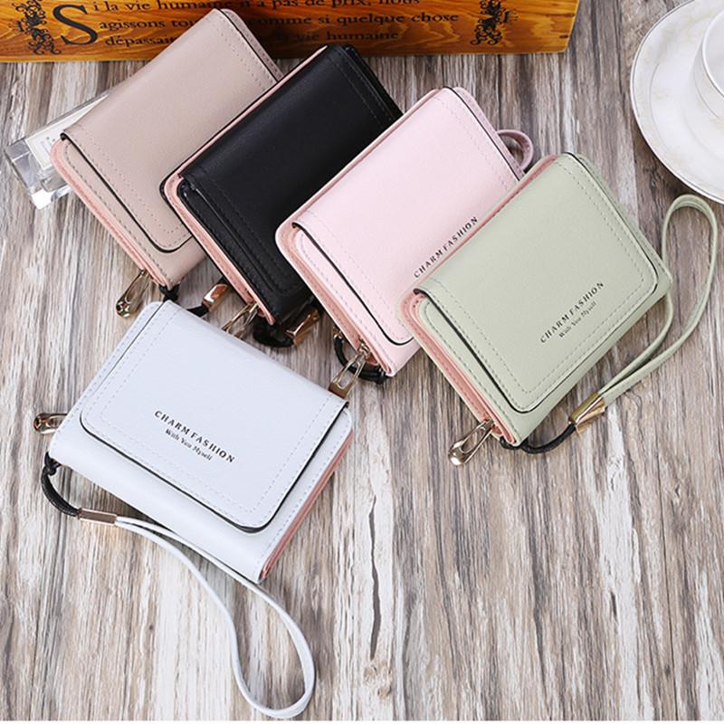 

Wallets Women's Wallet Korean Version Small Fresh Wrist Band Zipper Student Po Card Zero Purse Short Three-Fold Coin Clutch, Black