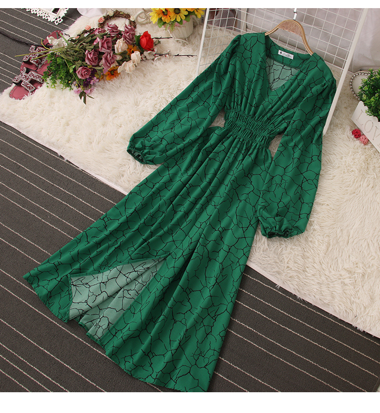 

New Spring Autumn Women Elegant Print V-neck Puff Sleeve Dress Female Holiday Style High Waist A-line Medium Long Dress 2022, Same as picture