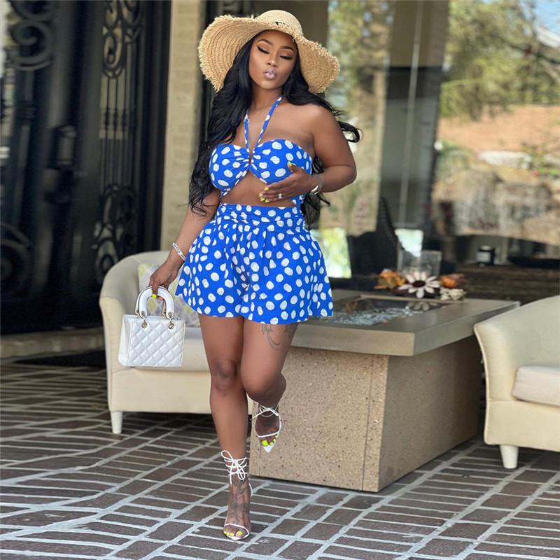 

Women' Tracksuits Fashion V-neck Sleeveless Polka Dot Print Top And High Waist Shorts Summer Beach Holiday Sweet Women SuitsWomen, Blue