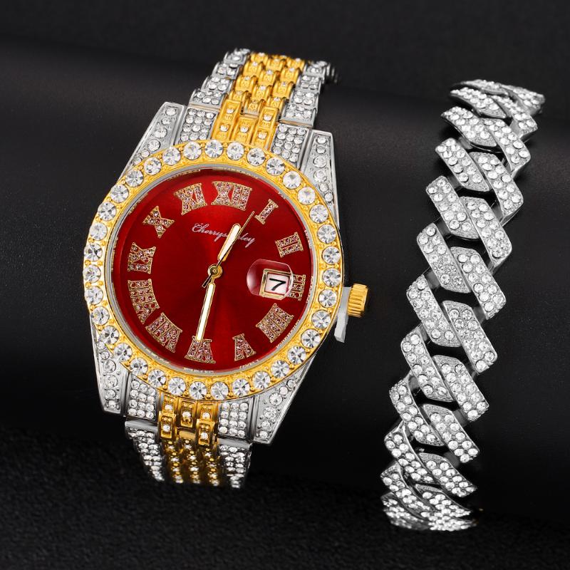 

Wristwatches Hip Hop Iced Out Men Women Watch With Bracelet Luxury Date Quartz Bling Full Rhinestones Watches Cuban Hand Chain Jewelry, Slivery;brown