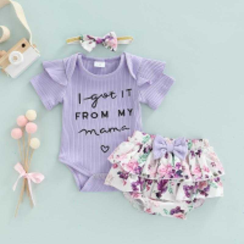 

Clothing Sets Born Baby Girl Short Pants Outfits Sleeve Embroidery Letter Romper Ruffles Decor Shorts Bow-Knot Headband SetClothing, As pic